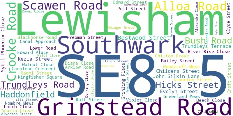 A word cloud for the SE8 5 postcode